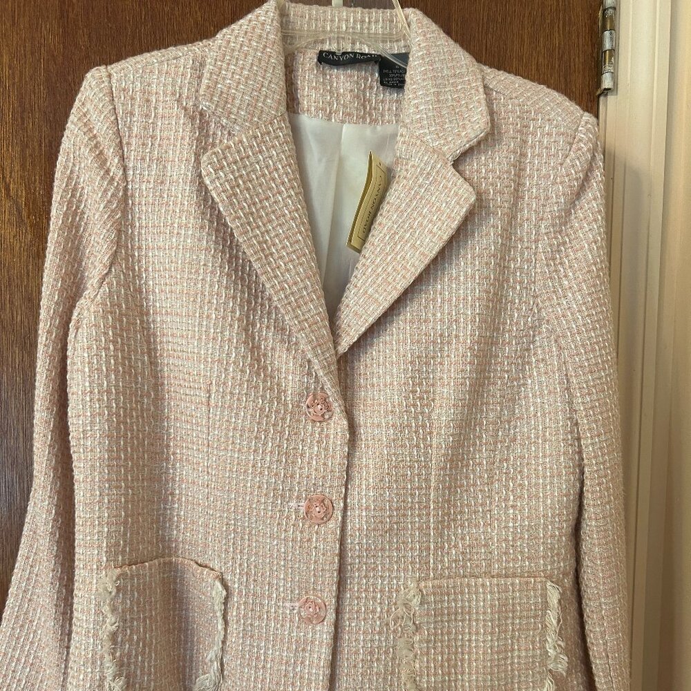 Pink Checkered Blazer – Textured Double Breasted Fringe Pocket Jacket NWT Size10